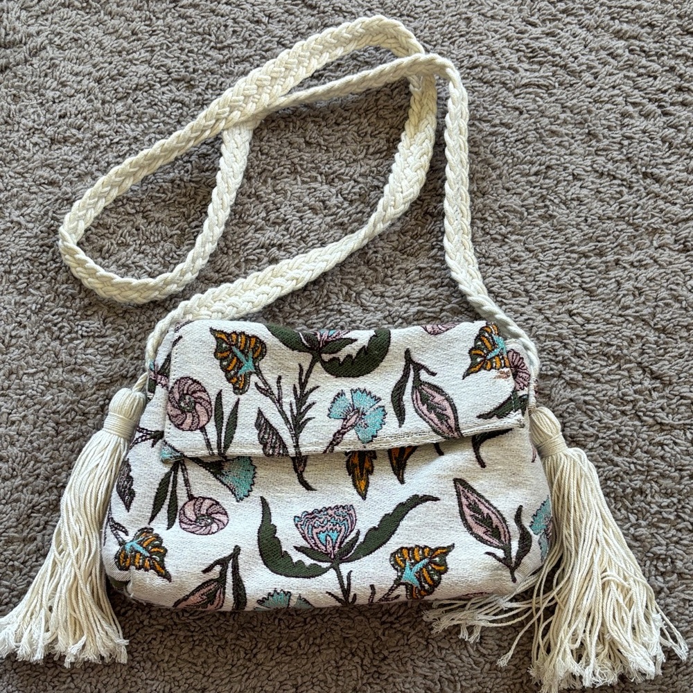 Universal Thread Cream Embroidered Floral Crossbody with Tassels